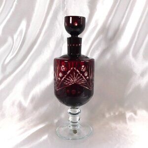 Footed Dark Red Cut to Clear Decanter with Matching Stopper # 25759
